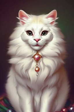 An extremely cute adorable fluffy plushy white smiling cat holding a basket of jewels and gems. His fur is realistic. The background is a romantic carpet bokeh digital painting extremely detailed studio lighting crisp quality and light reflections 8k cinematic lighting portrait photorealistic ultra detailed cinematic postprocessing focused