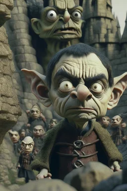 mr bean as goblin kid among other goblins in stone castle, 4 k, trending art, depth of field