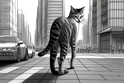 one single mature cat walking on the street, thoughtful, mourning, model style, hyper realistic, extremely accurate, delicate, extremely detailed, Graphic novel style, wide-angle, open aperture, superfine pencil