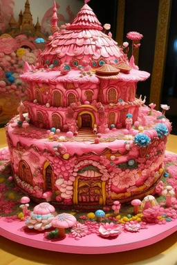 A pink ruined coliseum made out of sweets with fairies designed in Kuna molas painted by Utagawa Hiroshige