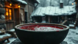 close up an old bowl is full red blood on snowy poor villager courtyard, dramatic atmosphere, in background blur , low light, high detailed, sharp focus, high realistic, perfect photo