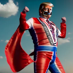 realistic image of donald trump as a mexican wrestling fighter posing outdoors, with mexican mask painted on the face, red and blue breeches, confederate flag cape, naked torso, retro style, 80s, vibrant color, highly detailed, sky background, concept art, unreal engine 5, god rays, ray tracing, RTX, lumen lighting, ultra detail, volumetric lighting, 3d, finely drawn, high definition, high resolution.