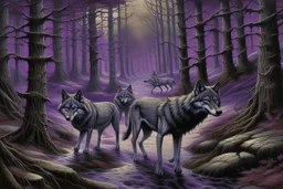 A purple forest with wolves painted by Zhang Lu