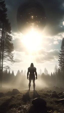 random Human in forest in background. Sunlight through clouds. Giant Nephilim in the background