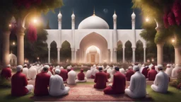 Hyper Realistic lots of men praying outside a Beautiful-Huge-White-&-Maroon Mosque in a beautiful garden with grass-arches, Ramadan-Light-Decorations including flowers & garland-lights with garden-lamps showing dramatic-&-cinematic-ambiance at night