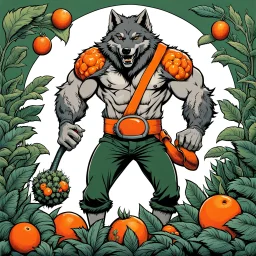 in body hair anthropomorphic wolf-man hybrid wearing a casual t-shirt, pants, and an orange belt, he harvests with his paws large reddish spherical fruits from a dark green bush-like plant. Behind him stands an older anthropomorphic wolf-man hybrid in t-shirt, pants and dark-orange belt. He carries a hoe on his left shoulder. In the background, orange-red fruits grow on other dark green bush-like plants, visible in the distance trees with thick trunks , detailed, scifi, fantasy