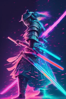 Mystical samurai emitting an aura with a long, neon sword emitting an aura