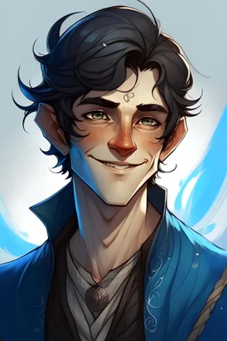 a young half elf man sea sorcerer messy black hair, small pointy ears and blue eyes, sly grin
