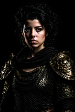 A portrait of a Warrior woman, black hair, beautiful, heavy armor, Caravaggio style