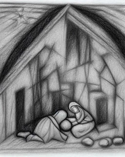 Nativity scene pencil and charcoal manger shading rubble Ukraine