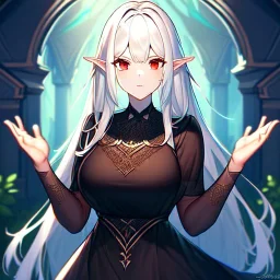Clear focus,High resolution, High quality, elf, long white hair, red eyes, intricate details, insanely detailed, black dress