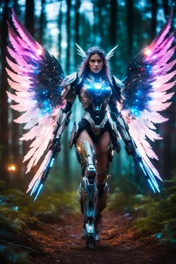 Front View night photography Beautiful Angel mecha in Magical Forest full of lights colors, Photography Art Photoshoot Art Cinematic Soft Blur Colors - on Running Dramatic Pose