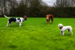 Photograph 60 mm lens. Technological singularity. Post-apocalypse utopia. Machine, fake smile, staring eyes. Milky white lay figures torso on the ground. Grass, mud. dirt. Dog sniffing the torso. An yard of a farm is in the Background. Puddles. Zoom. Background is fussy. Cyborg's torso is dirty.