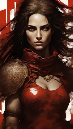 a female warrior with Arabian beauty, long hair, nice eyes, in red khefiya, rusty iron and red armor, extremely muscular body, oil on canvas, art by Michelangelo, Baptist Monge, Alberto Seveso and Russ Mills