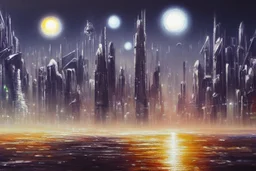 Futuristic city, exoplanet, people, sci-fi, epic, philip wilson steer influence, hd, realistic painting