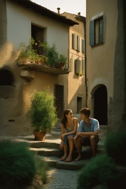 A realistic photo of a small Toscany town in late spring, a pair of inamorato young people on the street, early evening, last shines of sun. Photo taken by Mamiya M645 camera with low-speed film, highly detailed, wide lens