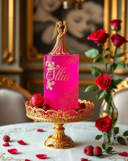 Transparent wedding tall jelly cake covered with vibrant magenta colour cake,in cursive font, on top of the cake is a miniature jewelry sweet couples on dancing made of gold, on the side of the cake is covered with intricate golden fractal patterns, glitter luminous on an expensive vintage gold rococo dish on a leg, exquisite, red Rose's in a vase on the table there are raspberries and petals on the table, in a rococo interior, macro photography sharp focus