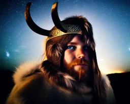 a sad and lonely viking looking up at the stars at night, hyper realistic, 8k, insane detail, atmospheric background, crying eyes, big fur coat, long braided hair, sharp focus, soft background, dynamic lighting, viking helmet, night time, sad mouth, sad eyes,