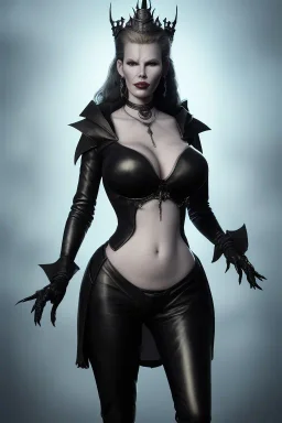 Kim Basinger as evil queen in black leather, busty, cleavage, curvy, angry, stern look. character design by cory loftis, fenghua zhong, ryohei hase, ismail inceoglu and ruan jia. unreal engine 5, artistic lighting, highly detailed, photorealistic, fantasy