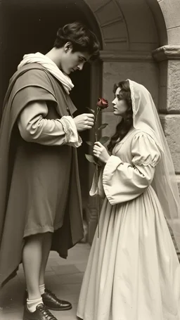 An old picture style of black and white mono very bad quality looks very old camera picture of Romeo is giving a rose to Juliet year 1900