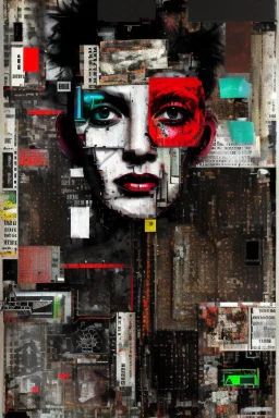 Ultra detailed medium portrait painting of no exit sign, dark room with little light coming from an open door behind, torn up collage of clippings, broken circuitry background, matrix effects, punk visual art, punk art aesthetic, graffiti art, pop surrealism, collage art, cluttered paint glitches