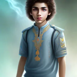 beautiful 12 year old arabic boy with very long curly hair and light blue eyes