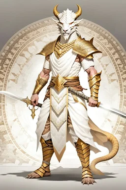 Full Body, White Dragonborn, Monk, Fighter Pose, White and Gold outfit colour theme