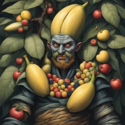 [art by Giuseppe Arcimboldo, mexican comics Head Lopper style by Andrew MacLean] a ninja hidden in a giant banana with fruits all over his face, hidden by fruits, in a tree, only his eyes can be seen,