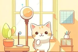 cute fluffy chibi beige cat with a giant thermometer in a modern room in sunshine