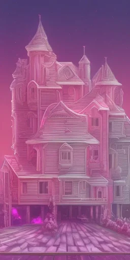 Snoop dogg. a chair. pink houses, pink sky, pink smoke, trees