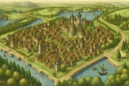 Map of a rural medieval city with a castle, a market, an inn, a river, some shops and sorrounded by the forest