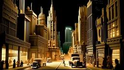 Una metrópolis art déco de los años 1930 durante un desfile nocturno, avenida principal flanqueada por rascacielos esculpidos, fotografía cinematográfica retro, entorno urbano denso con monumentos de piedra, movimiento Art Déco puro, estética de cine negro con grano de película de 35 mm, granito pulido, relieves de latón dorado, terracota esmaltada y cristal tallado, contrapicado acentuado hacia las cumbres de los edificios, luz de focos antiaéreos cruzando el cielo nocturno y marquesinas encend