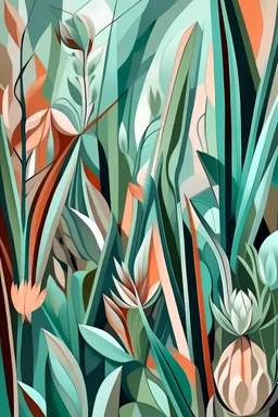 abstraction, pastel colors, cubism, lines, plants