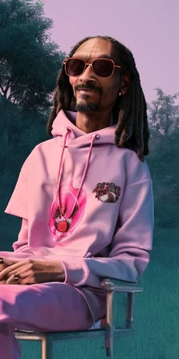 Snoop dogg sitting on a chair. pink houses, pink sky, pink smoke, moon, trees, wide angle