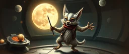 fluffy mean wolf alien gremlin badger star ship bridge captain dancing in the style of Rembrandt and Escher and Dali