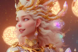 very beautiful crystal and gold goddess in a galactic ambiance, nice smiling, transparent petals, delicate colors, full of details, smooth, bright sunshine，soft light atmosphere, light effect，vaporwave colorful, concept art, smooth, extremely sharp detail, finely tuned detail, ultra high definition, 8 k, unreal engine 5, ultra sharp focus