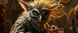 owl hypnotising hårete sleek gremlin elf bartender med vind i håret på fest malt av Rembrandt