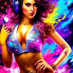 female figure Hardstyle DJ figure silhouette sexy cover pose with in background speakers, Hyperrealistic, splash art, concept art, intricately detailed, color depth, dramatic, colorful background, graffiti art, street art, spray paint, oil gouache melting, acrylic, high contrast, colorful polychromatic, ultra detailed, ultra quality, cinematic, atmospheric, moody,