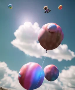 Ultra realistic clouds sky scene, wide angle, medium shot view, portrait, sweet Child, free jumping flying, trinkets, monster hair, jelly beans, balls, smile, happy, circus style, inflatable color clothing, extreme, wind, clouds sea, 20,000 feet altitude, stratosphere, soft color, highly detailed, unreal engine 5, ray tracing, RTX, lumen lighting, ultra detail, volumetric lighting, 3d, finely drawn, high definition, high resolution.