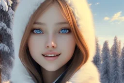 close-up portrait of beautiful young and cute 14 years old ukrainian girl, anime, adorable, au naturel, charming smile, shy, innocent, round face, detailed eyes, realistic shaded perfect face, leather jacket, winter forest, centered perspective camera view, global illumination, 8k, uhd, art by sam curry