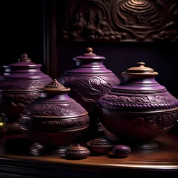 A set of luxurious Chinese ethnic style purple sand pots, intricate and creative carving, exquisite craftsmanship, meticulous texture, exquisite artistic conception, high-quality photography, rich purple sand pot tones, exquisite and realistic design, perfect execution, aesthetic background, artistic talent, professional lighting, display fine details, designed by the famous craftsman ArtStation, with high-end jewelry in the background.