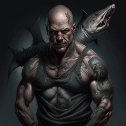 large muscular pale fisherman with Sharkteeth and Tattoos dark realistic art