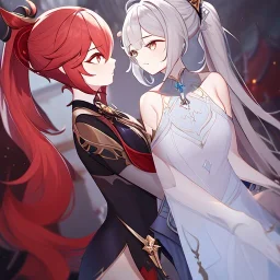 High quality, Detailed, 1girls, looking at eachother very angrily, wearing a genshin inspired outfit, the outfit has some holes, the outfit also has a very see through fabric, grey hair with on ponytail, red hair, about to kiss