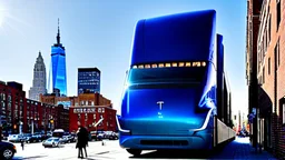 A Tesla semi-truck is parked, on the South Street Seaport, in New York. CINEMATIC. WIDE ANGLE LENS. PHOTO REAL.