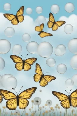 Butterflies in bubble blown up to the sky through a field of dandelions