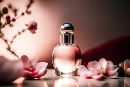 top shot of a perfume bottle on a pink table with flowers, gray spheres in the background, product photography in style of Kodak Portra — style raw — q 2 — s 250 — v 5.2 — ar 9:16