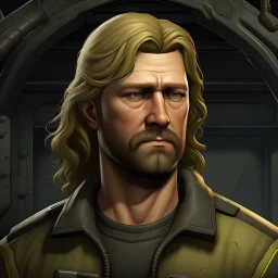 The submarine mechanic Blicke Blocknyckel, a blonde man with a mullet and muttonchops beard realistic grimdark