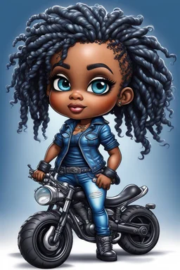 create an airbrush illustration of a chibi cartoon voluptuous black female wearing a blue jean outfit with biker boots. Prominent make up with hazel eyes. Extremely highly detail of a short and shiny twisted dreadlocks. Background of a bike show.