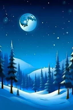 dark blue winter sky with bright stars and full moon, spruce forest with lots of snow