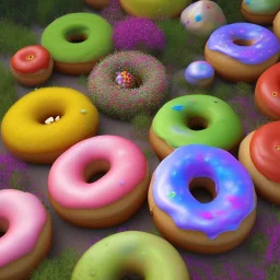 pixar style, volumetric summer garden environment and background, realistic painting of donuts, looking excited, volumetric lighting, dramatic lighting, detailed digital painting, extreme dense and fine fur, anime, ornate, colour-washed colors, elegant, small minutiae, tiny features, particulars, centered, smooth, sharp focus, renderman gofur render, 8k, uhd, detailed eyes, realistic shaded volumetric lighting, sunlight caustics, backlight, centered camera view